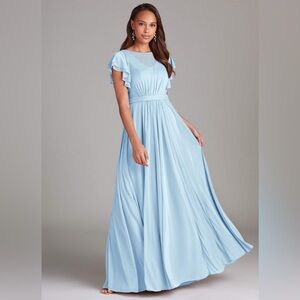 Azazie Daphne A-line Ruched Mesh Floor-Length Dress - Sky Blue Size 8‎ NWT